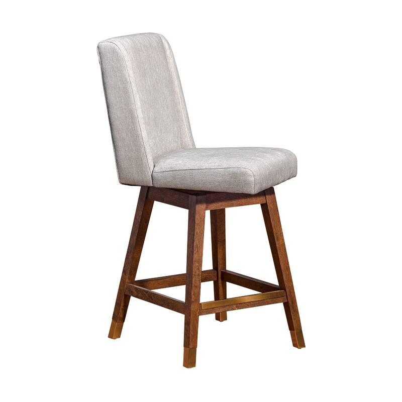 Tynn Swivel Counter Stool Chair, Beige Wingback, Brown Rubberwood