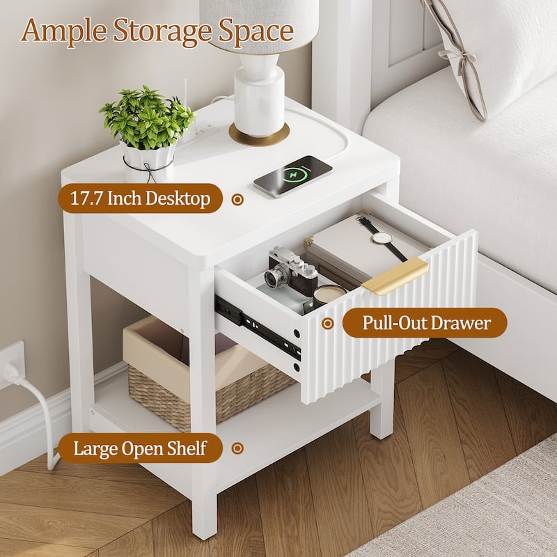 Nightstand with Drawers Fluted Bedside Table with Charging Station