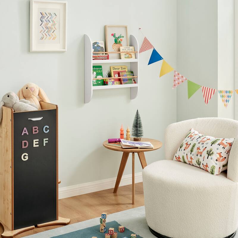 Danya B. Steiner White Rounded Contemporary 2-Tier Kids Wall-Mount Bookcase with Contrasting Wood-toned Rods