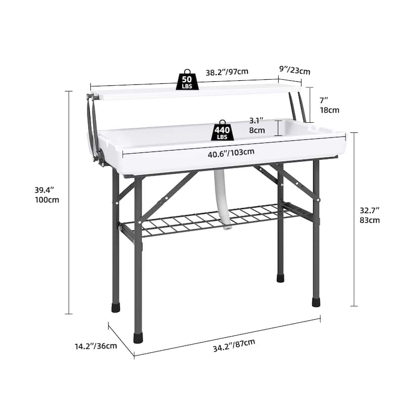 Portable Two-Tier Ice Table Folding Ice Cooler Table with Drain and Detachable Skirt