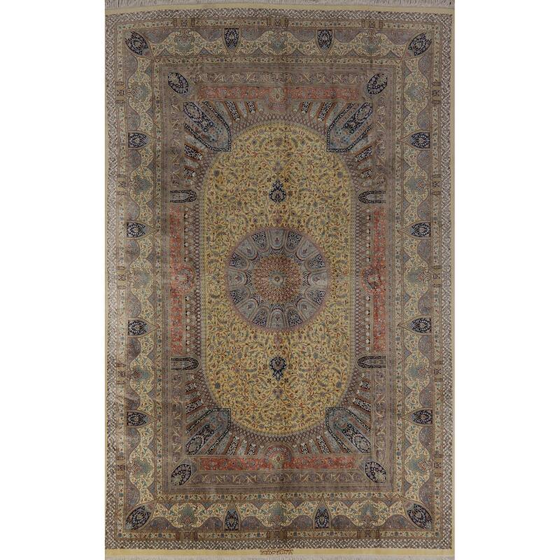 Hand Knotted Oriental 100% Silk Carpet Traditional Floral Yellow & Gold Qum Area Rug - 10' 2'' X 6' 5''