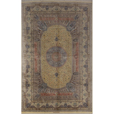 Hand Knotted Oriental 100% Silk Carpet Traditional Floral Yellow & Gold Qum Area Rug - 10' 2'' X 6' 5''