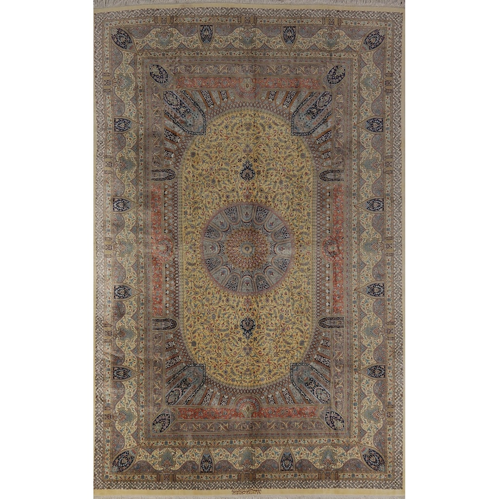 Hand Knotted Oriental 100% Silk Carpet Traditional Floral Yellow & Gold Qum Area Rug - 10' 2'' X 6' 5''