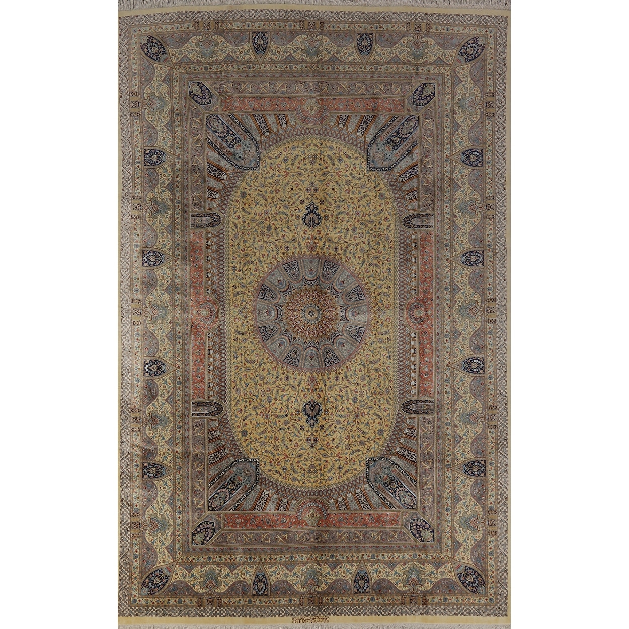 Hand Knotted Oriental 100% Silk Carpet Traditional Floral Yellow & Gold Qum Area Rug - 10' 2'' X 6' 5''