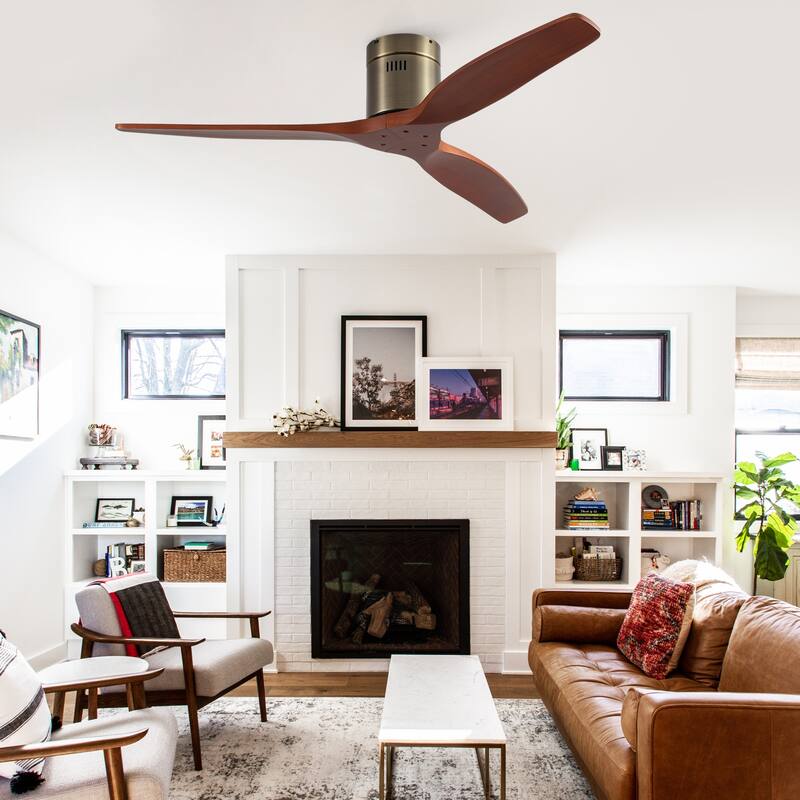 52In. Farmhouse Indoor Flush Mount Low Profile Ceiling Fan with Solid Wood Blades and Remote Control