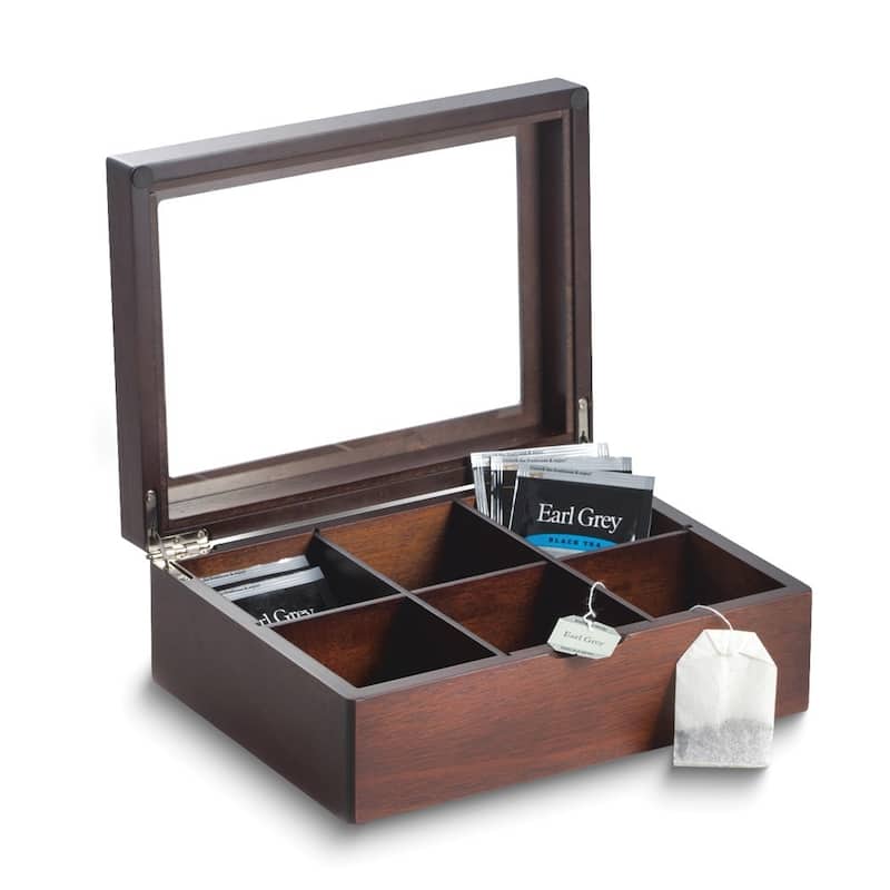 Curata Mahogany Finish Wood Tea Box with Glass Lid
