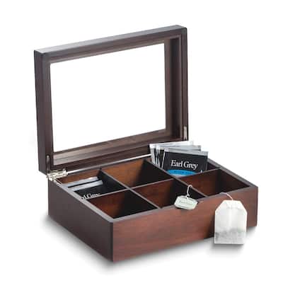 Curata Mahogany Finish Wood Tea Box with Glass Lid