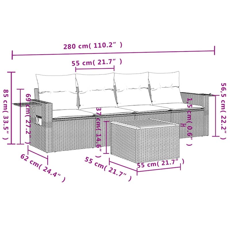 vidaXL Patio Sofa Set with Cushions Outdoor Furniture 5 Piece Poly Rattan - 21.7 x 21.7 x 14.6
