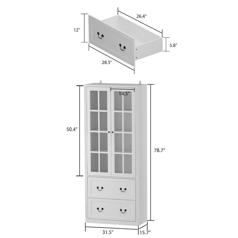 78.7"H Combo Glass Doors Display Cabinet Wooden Bookshelf Organizer