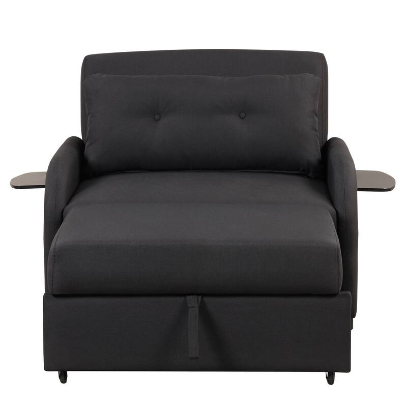 3-in-1 Pull Out Sofa Sleeper with 2 Wing Table and USB Charge, Black Linen, Living Room Use