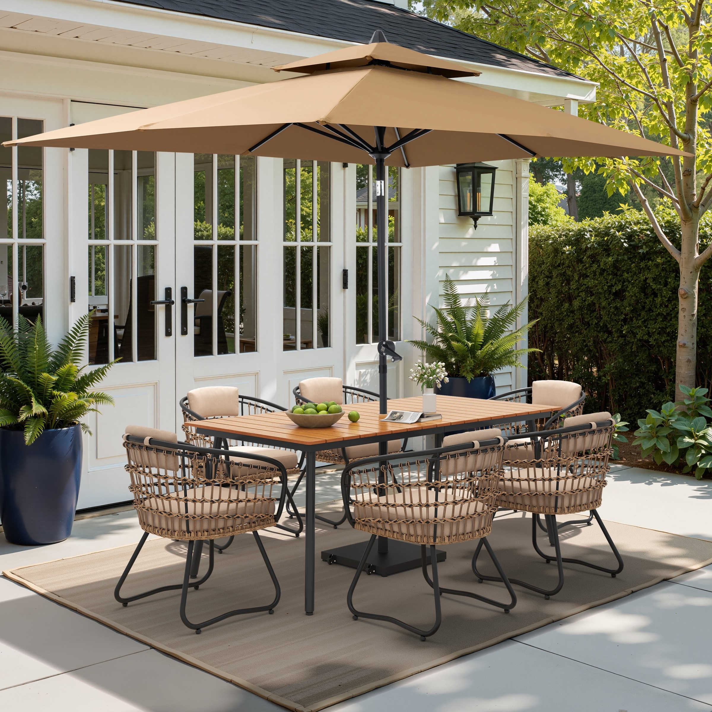 9/11-piece Outdoor Dining Set w/ Umbrella and Base Aluminum Dining Table and PE Rattan Chairs