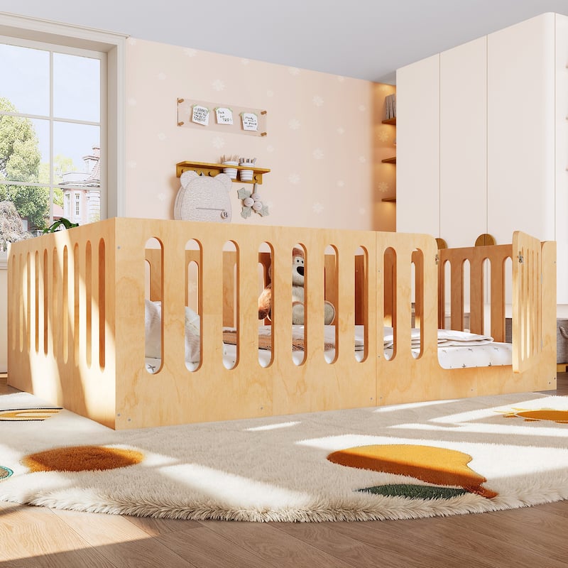 Toddlers Montessori Floor Bed with High Fence, Door, Low Profile Platform Bed Frame for Kids with No Box Spring Needed, No Slats