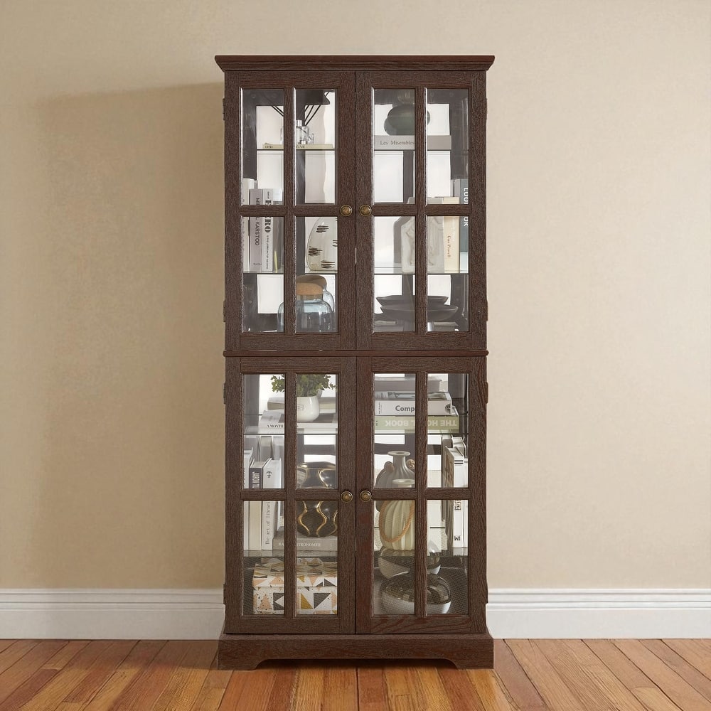 68.7" Antique Curio Display Cabinet with 4 Glass Doors, Adjustable Shelves & Built-in Light for Collectibles and Wine Storage