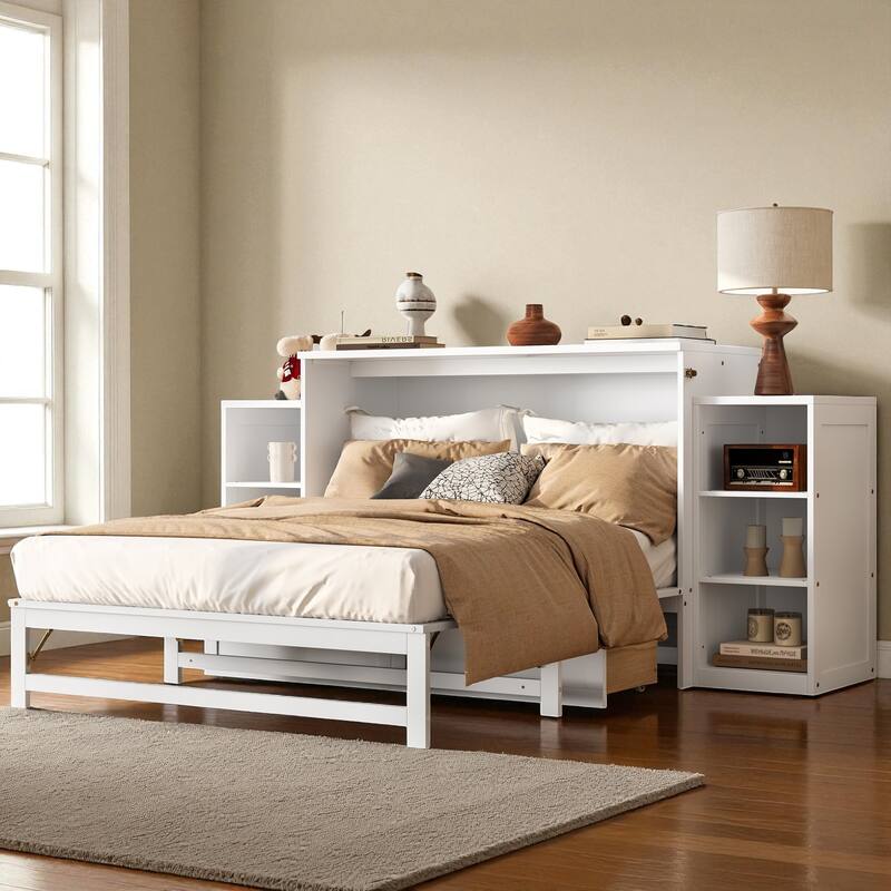 Full/Queen Size Murphy Bed with Storage Drawers and Shelves, Space-Saving Foldable Wall Bed for Guest Room