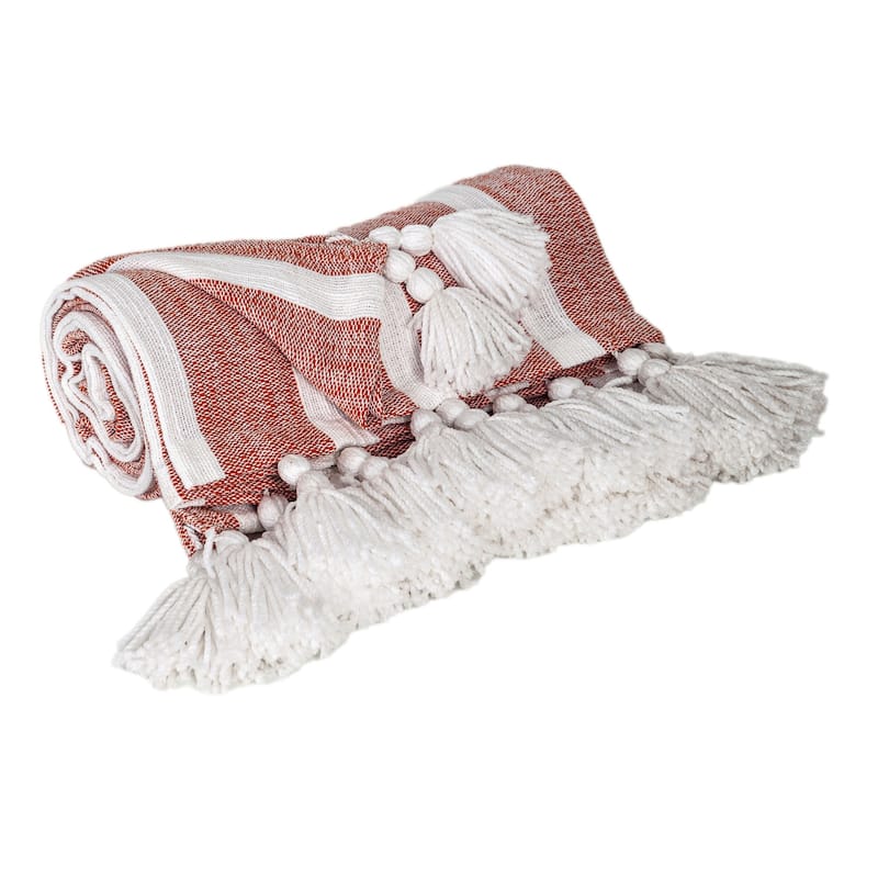 HomeRoots 50" X 60" Rust Woven Cotton Striped Throw Blanket with Tassels
