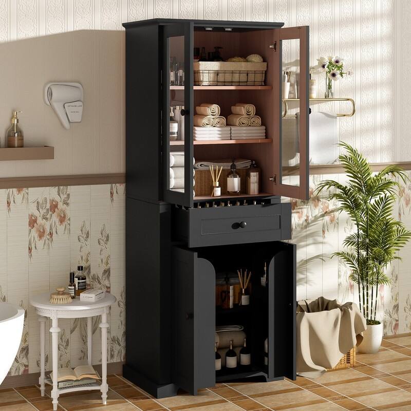 Modern 67.2"H Bathroom Storage Cabinet with Glass Doors Adjustable Shelves and Soft-Close Drawer