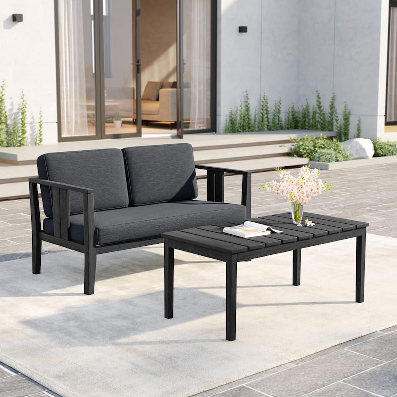 Uixe Teak Patio Loveseat with Coffee Table Outdoor Conversation Set