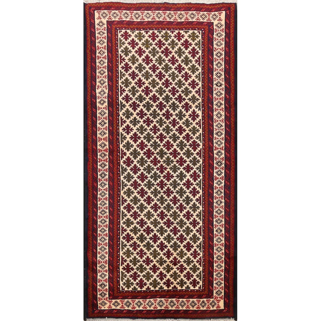 Geometric Traditional Balouch Persian Wool Runner Rug Hand-knotted - 3'5" x 6'9"