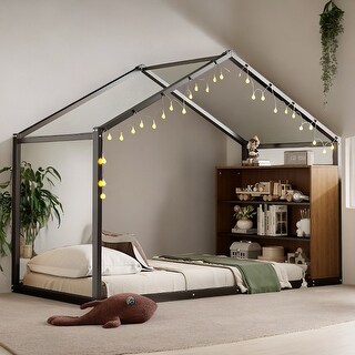 Metal PlayHouse Bed Frame with Bookshelves and LED Warm Lighting