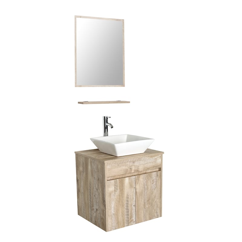 24" Bathroom Vanity Set Tempered Glass/ Ceramics Sink Combo Wall Mounted Natural Cabinet Faucet Drain Mirror