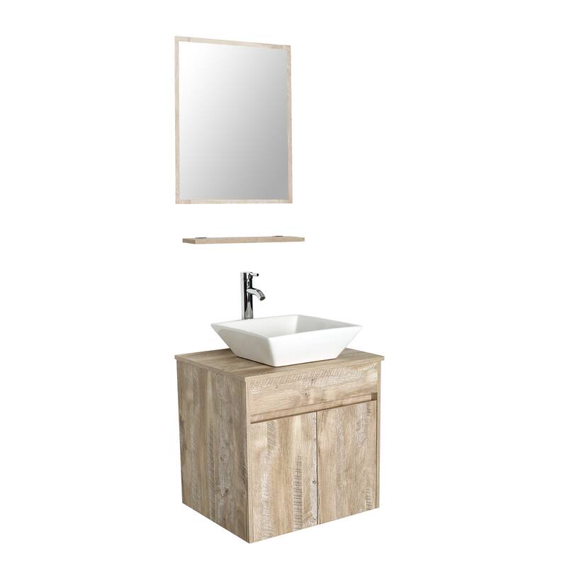24" Bathroom Vanity Set Tempered Glass/ Ceramics Sink Combo Wall Mounted Natural Cabinet Faucet Drain Mirror