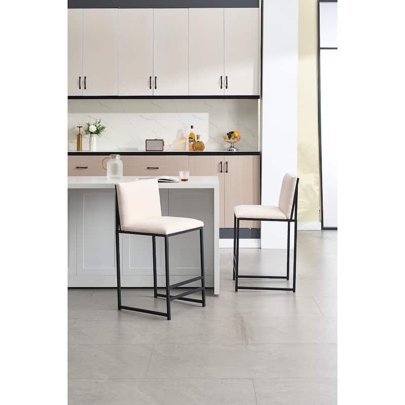 Set of 2 Counter Height Bar Stools, Ivory Linen Upholstery with Metal Frame & Footrest 