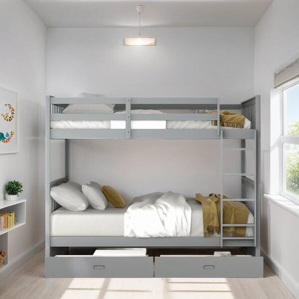 slide 2 of 9, Full over Full Size Bunk Bed with 2-Drawers and Ladders, Grey Grey