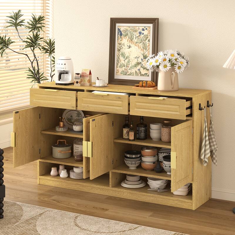 59" Farmhouse Multi-Functional Sideboard Cabinet with 3 Drawers and Adjustable Shelfs - Tan