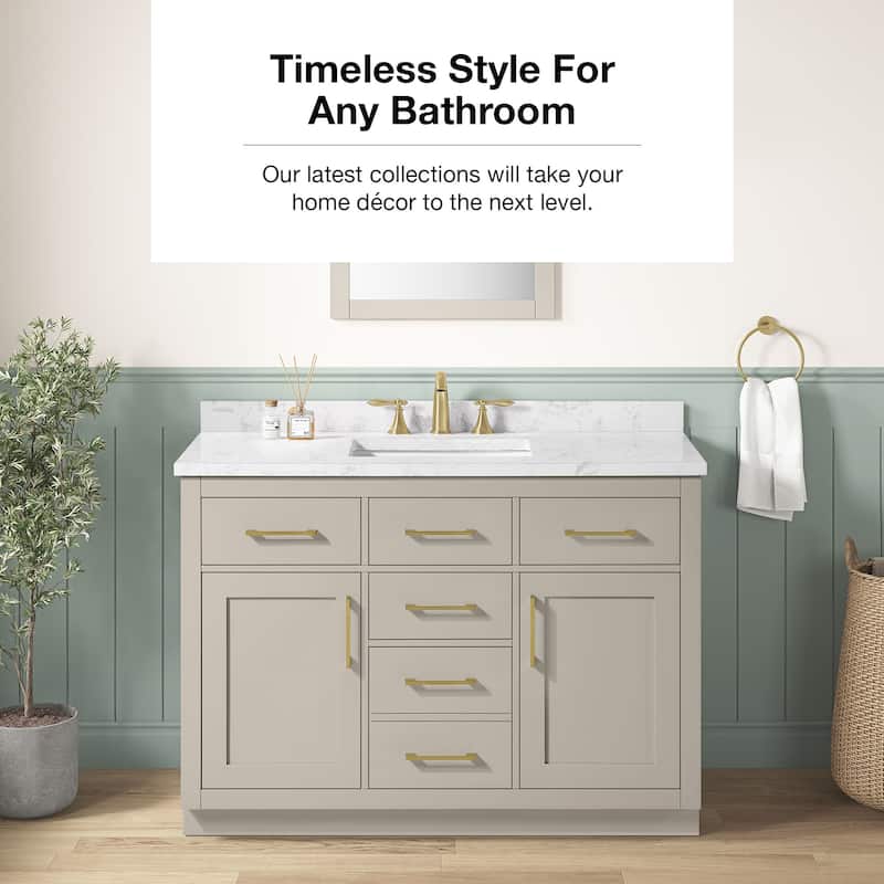Athea Bathroom Vanity with White Engineered Marble Top - 48" - Greige with Brushed Gold Hardware