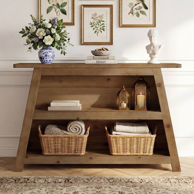 Solid Wood Entryway Console Table with Storage Shelves, Small Sofa Table for Hallway, Living Room, Foyer, Entrance
