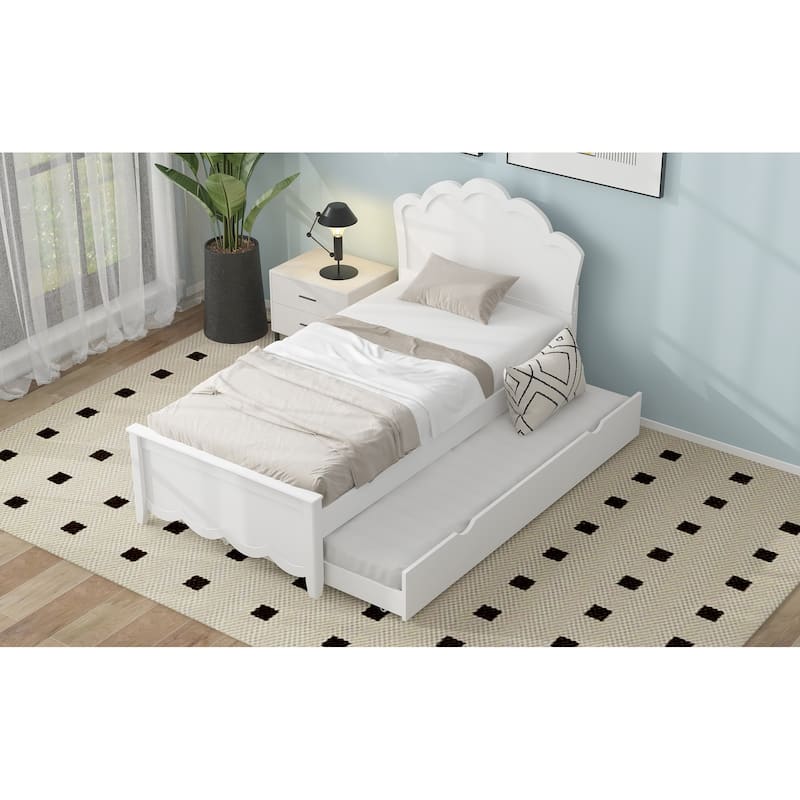 White Twin Size Modern Wood Bed with Headboard and Twin Trundle