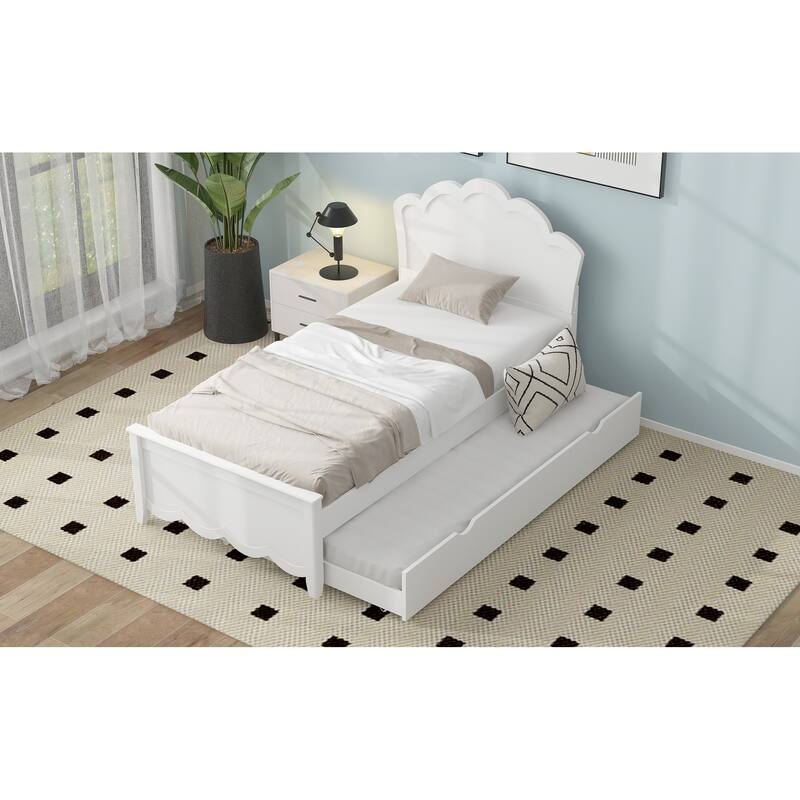 White Twin Size Wood Platform Bed with Headboard and Trundle, No Box Spring Needed