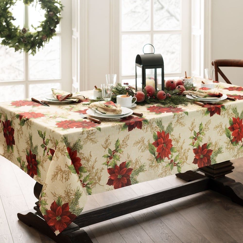 Festive Poinsettia Holiday Fabric Tablecloth