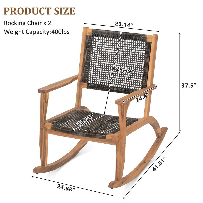 2-Piece Outdoor Acacia Wood Rocking Chair Set with Wicker Rattan Seat & Backrest