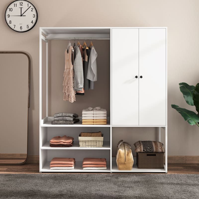 White Wardrobe Closet – Spacious 2-Door Storage Cabinet with Shelves & Hanging Rod, Ideal for Bedroom, Living Room.