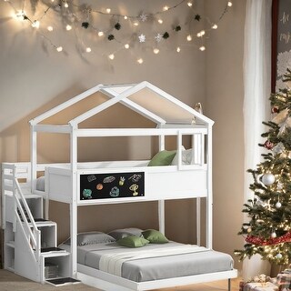 Twin over Full House Bunk Bed with Storage Staircase and Blackboard ...