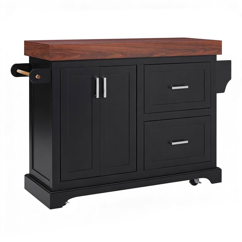 53" Large Kitchen Island with 3.5" Thick Desktop, Spice and Towel Racks, Kitchen Island with Storage on 5 Wheels, 2 Drawers