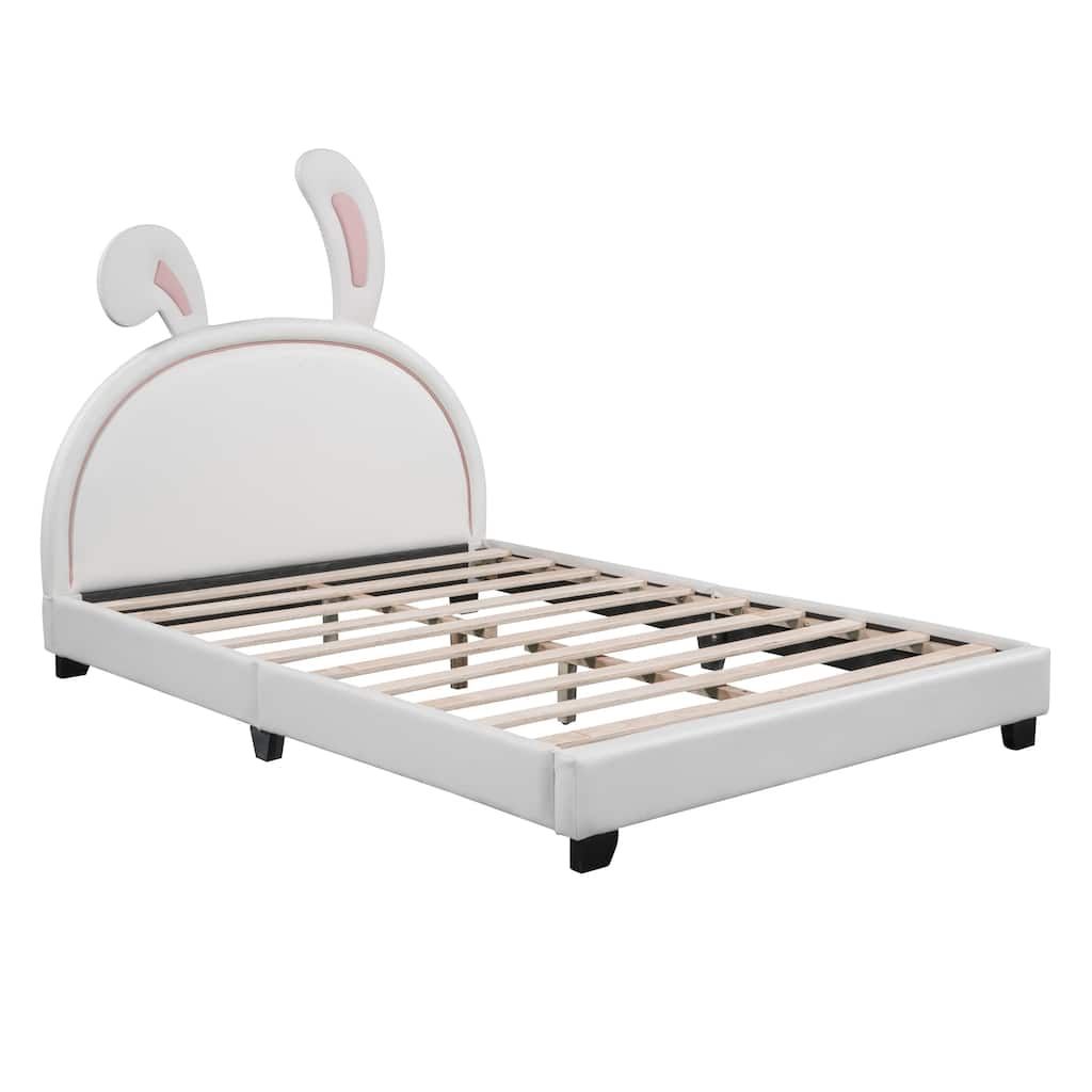 Upholstered Leather Platform Bed with Rabbit Ornament