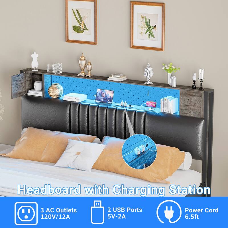 Upholstered Headboard with Storage Shelf and Small Cabinet, Headboard Power Outlet and LED Light