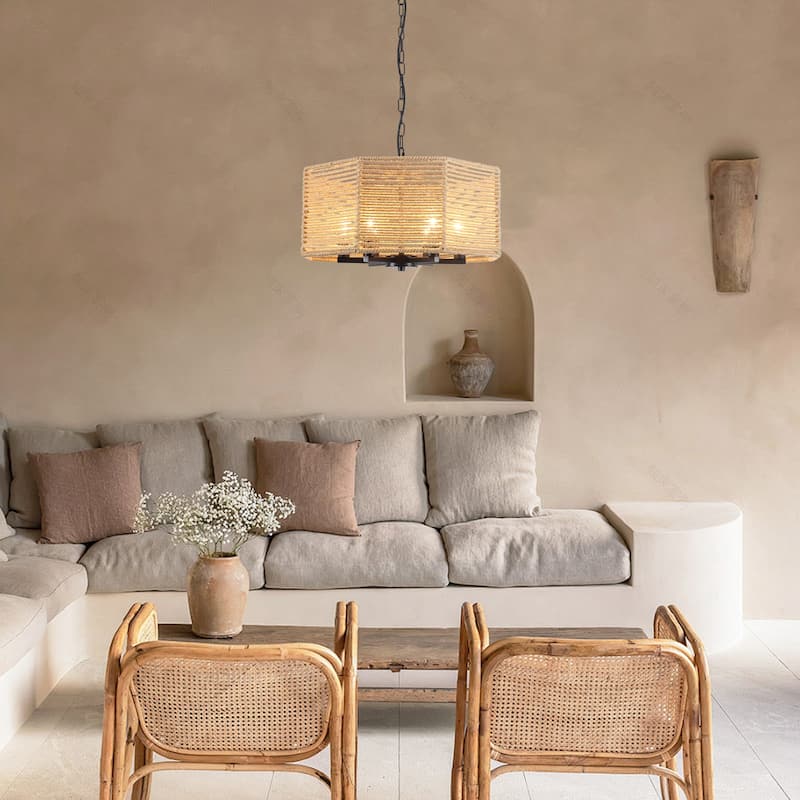 18.89-inch Bohemian-style 6-light octagonal metal chandelier with twine lampshades and adjustable height