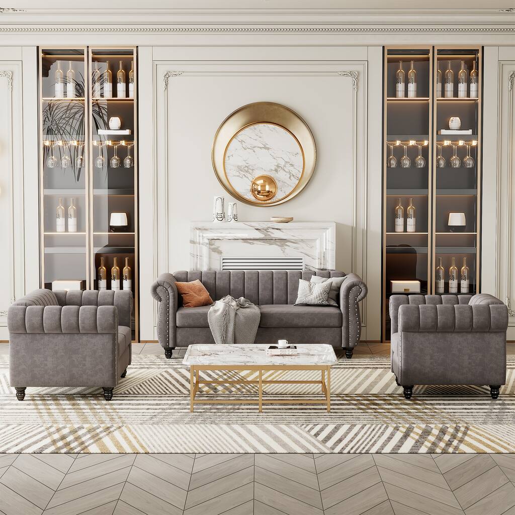 3-Piece Channel Tufted Sofa Set with 3-Seater, Loveseat, and Single Sofa