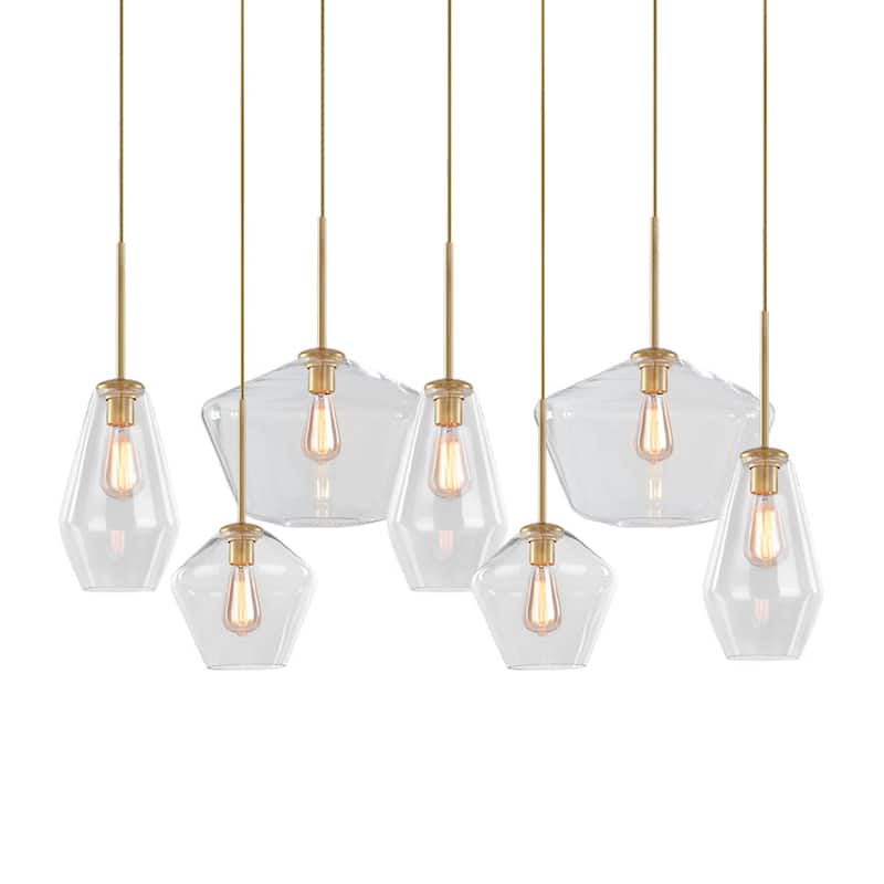 7-Light Cluster Geometric Glass Shade Kitchen Island Pendant - Brass - Brass