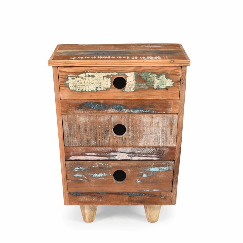 Reclaimed Wood Nightstand with 3 Drawers, Vintage Bedside Table