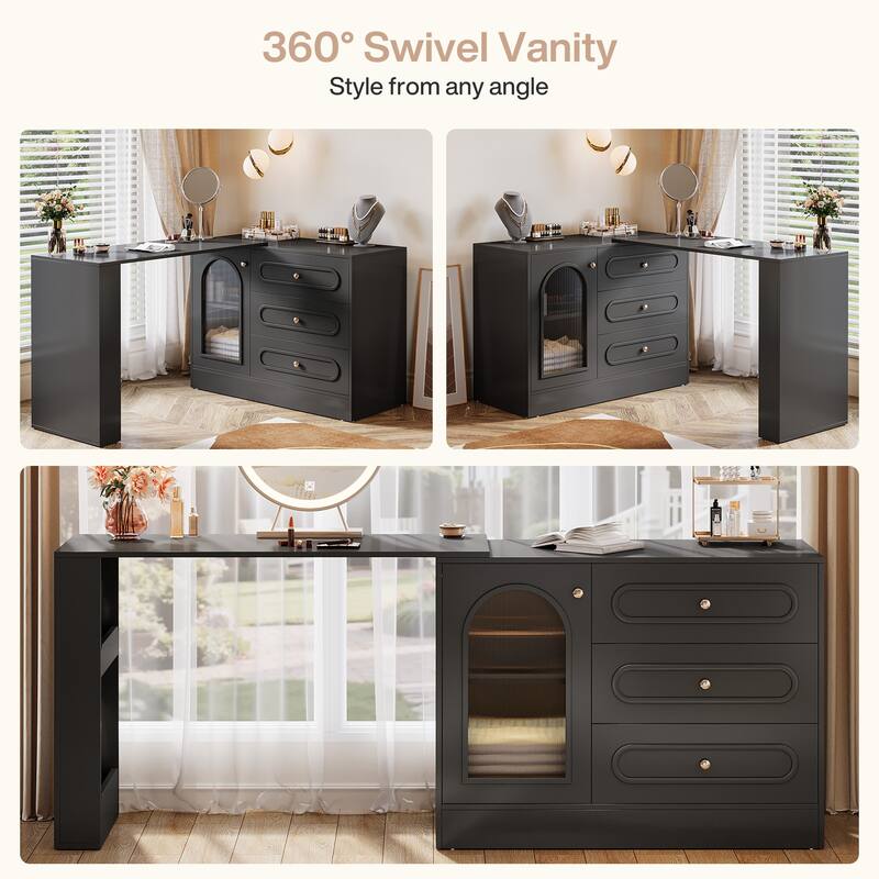 Modern 360° Rotatable Vanity Desk with 3 Drawers, White Corner Vanity