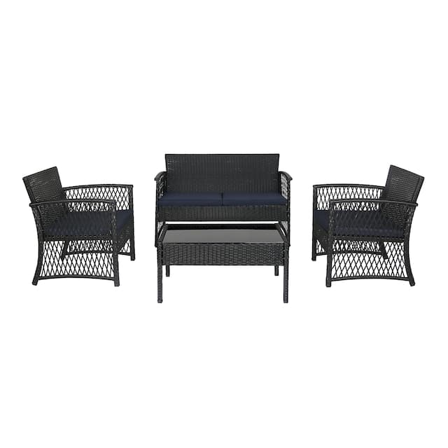 Madison Outdoor 4-Piece Cushioned Rattan Patio Furniture Chat Set - Black/Navy