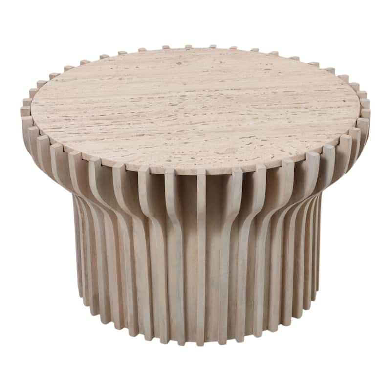Decorative Travertine Accent Table with Wodden Carved Base- 25", White