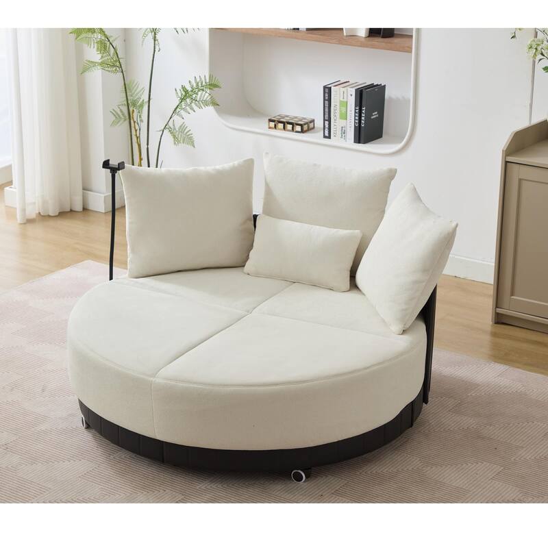 52.75" Oversized Round Swivel Chair, 360° Rotation, Beige, Polyester & Wood