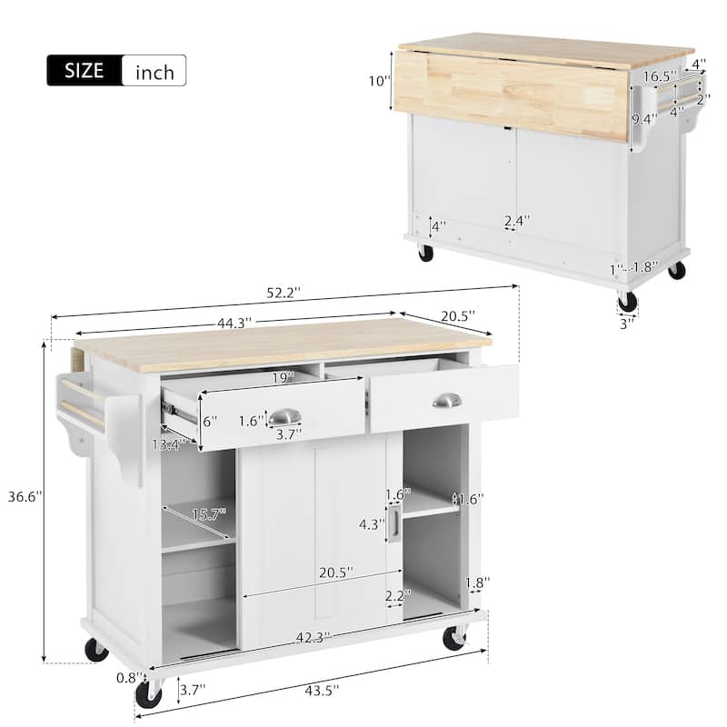 Kitchen Island with Drop-Leaf Countertop, Rolling Kitchen Cart on Wheels, Storage Trolley with 2 Drawers & 2 Sliding Doors