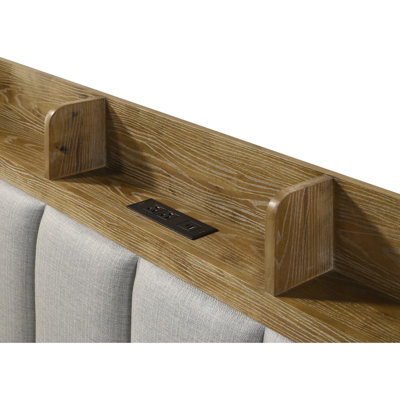 Queen Bed with USB Ports, Solid Rubber Wood Construction, Transitional Style, Requires Box Spring