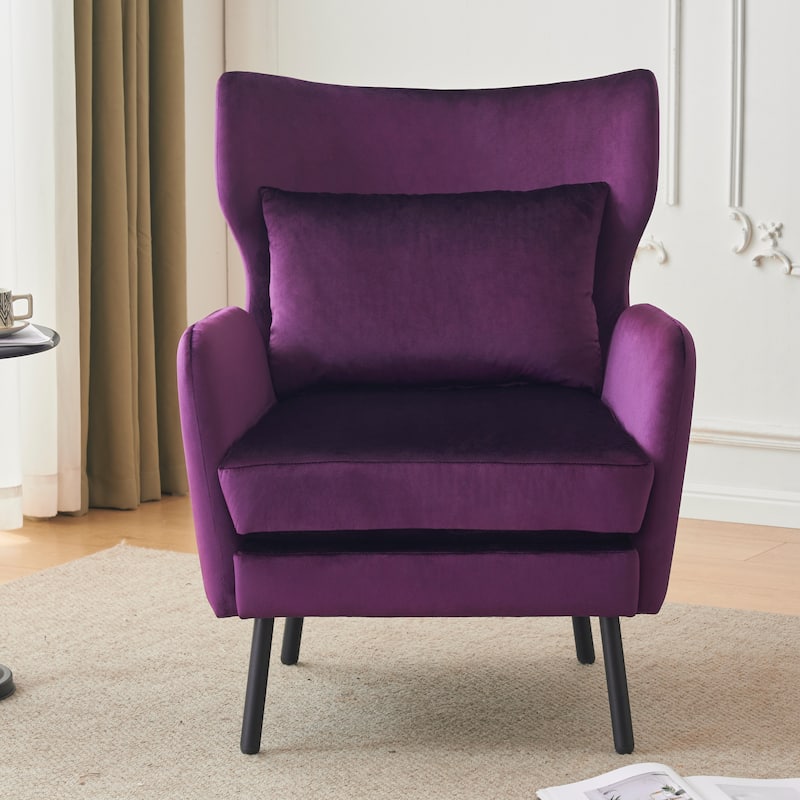 Modern 32" Upholstered Wing Back Velvet Accent Chair with Metal Legs and Pillow